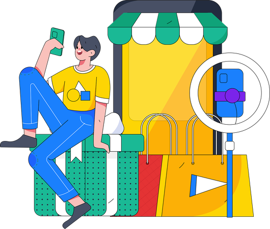 Homem está gravando podcast de compras  Ilustração