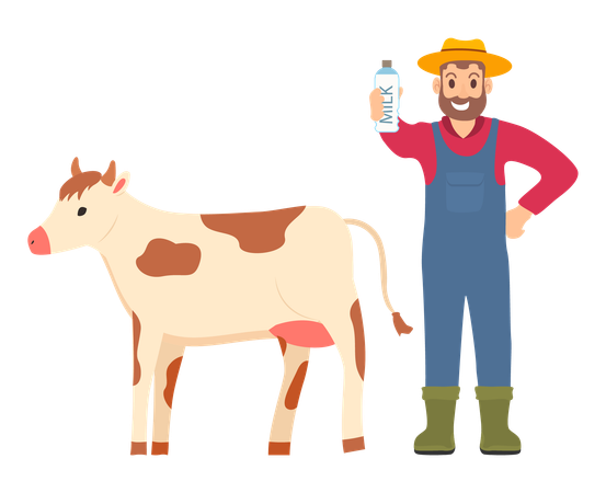 O homem está mostrando o leite de vaca  Ilustração