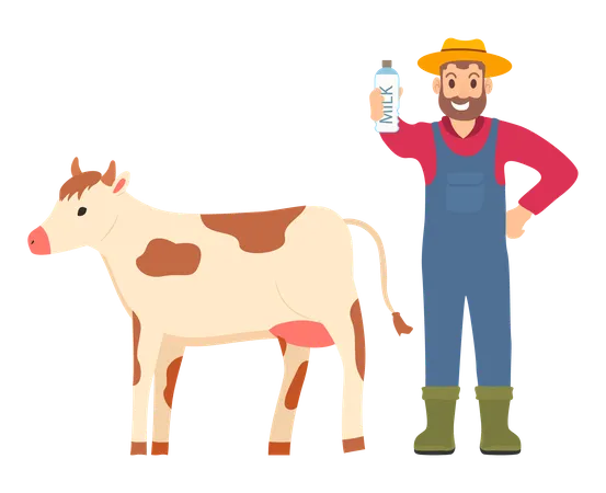 O homem está mostrando o leite de vaca  Ilustração