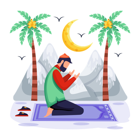 Homem está oferecendo Salah na praia  Ilustração