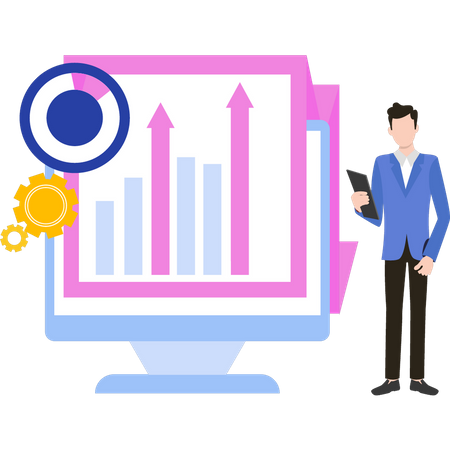 O homem está olhando um gráfico em um monitor  Ilustração