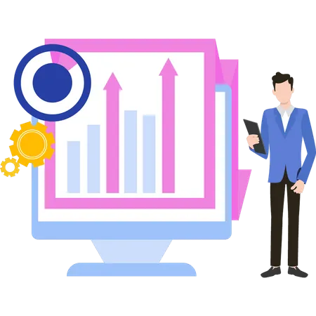 O homem está olhando um gráfico em um monitor  Ilustração