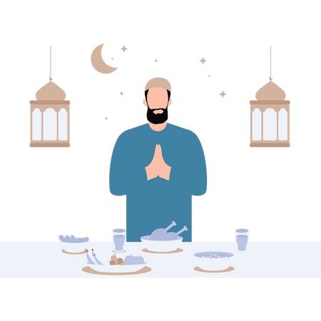 O homem está rezando antes de comer  Ilustração