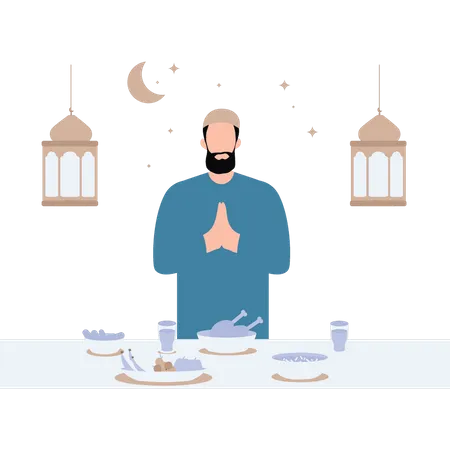 O homem está rezando antes de comer  Ilustração