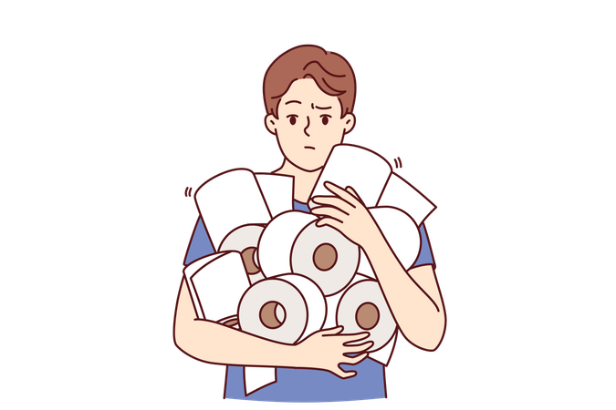 Homem está segurando uma pilha de papel higiênico nas mãos  Ilustração