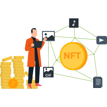 O homem está trabalhando em NFT  Ilustração