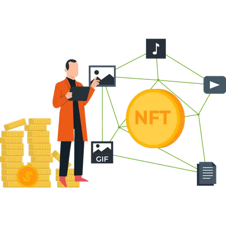 O homem está trabalhando em NFT  Ilustração