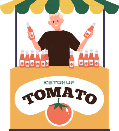 O homem está vendendo ketchup de tomate na barraca  Ilustração