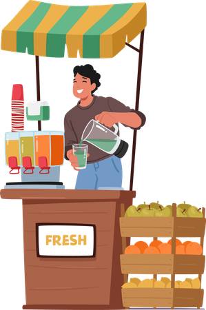 O homem está vendendo sucos de frutas no mercado  Ilustração