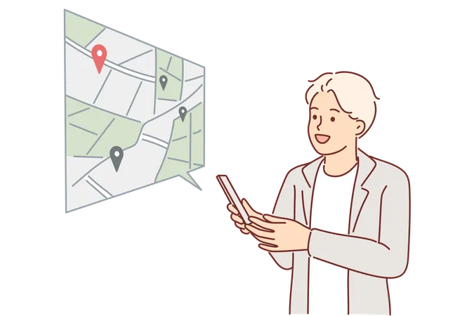 O homem está visualizando a navegação GPS  Ilustração