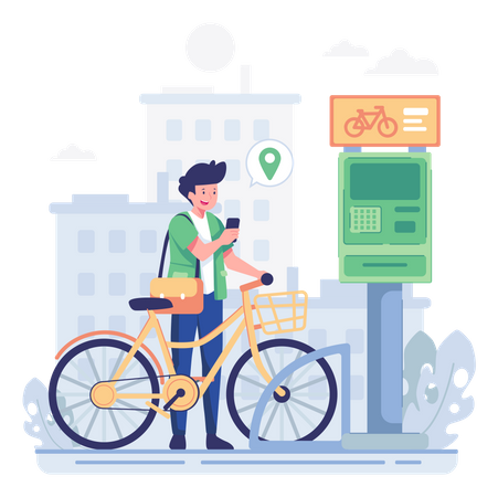 Homem estacionando bicicleta na estação de entrega  Ilustração
