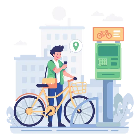 Homem estacionando bicicleta na estação de entrega  Ilustração