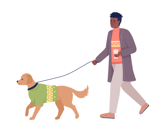 Homem estiloso com café passeando com cachorro na coleira  Ilustração