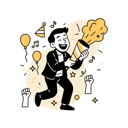 Homem estourando canhão de confete  Ilustração
