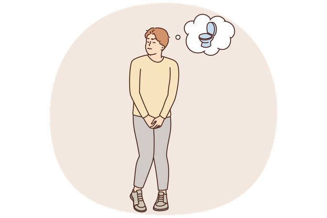 Homem estressado em pé e querendo fazer xixi  Ilustração