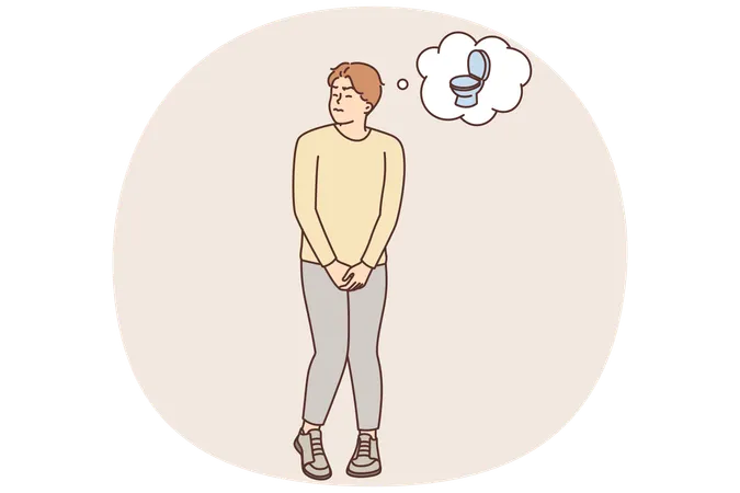 Homem estressado em pé e querendo fazer xixi  Ilustração