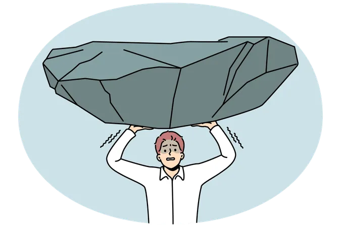 Homem estressado segura fardo pesado de pedra  Ilustração