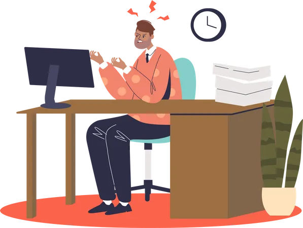 Homem Estressado Trabalhando No Computador Trabalhador Masculino Irritado Sofre De Emocoes Estressantes No Escritorio Horas Extras De Trabalho E Conceito De Esgotamento Profissional Ilustracao Em Vetor Plana Dos Desenhos Animados Ilustração