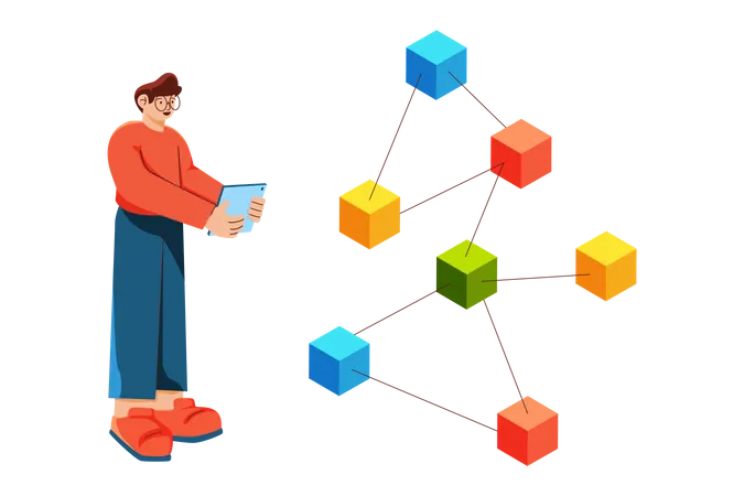 Homem estudando tecnologia blockchain  Ilustração