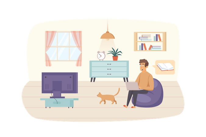Homem estudando usando laptop sentado em uma poltrona com gato na sala de estar  Ilustração