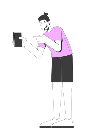 Homem europeu barbudo apontando para a tela do smartphone  Ilustração