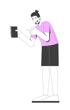 Homem europeu barbudo apontando para a tela do smartphone  Ilustração