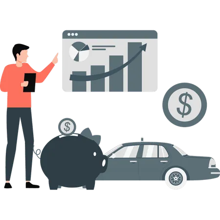 Homem explicando gráfico de lucro empresarial e economia  Ilustração