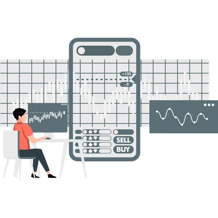 Homem explicando gráfico de mercado online  Ilustração