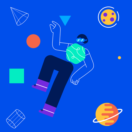 Homem explorando planetas usando VR  Ilustração