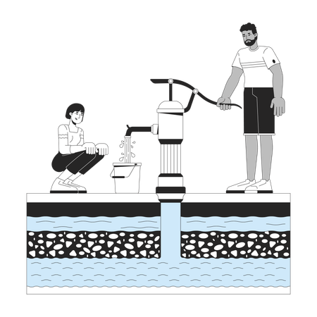 Homem extraindo água subterrânea usando bomba manual  Illustration