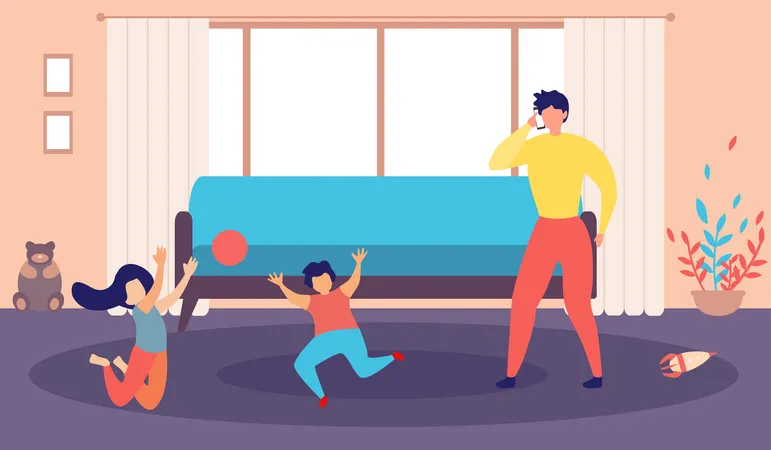 Homem falando ao telefone, fazendo ligação comercial e crianças intrometidas, filho e filha jogando bola na sala de estar  Ilustração