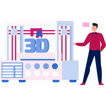 Homem falando sobre máquina impressora 3D  Ilustração