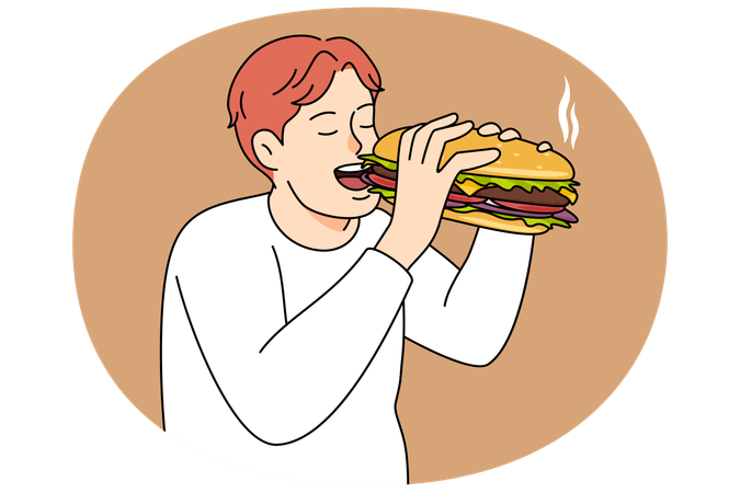 Homem faminto comendo hambúrguer  Ilustração
