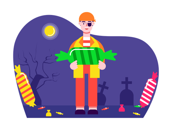 Homem fantasiado de pirata com doces de Halloween  Ilustração