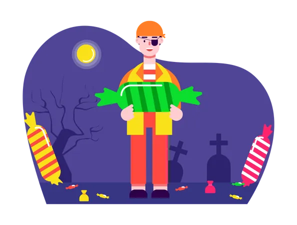 Homem fantasiado de pirata com doces de Halloween  Ilustração