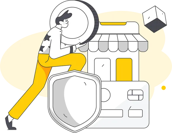 Homem faz compras através de cartão on-line  Ilustração