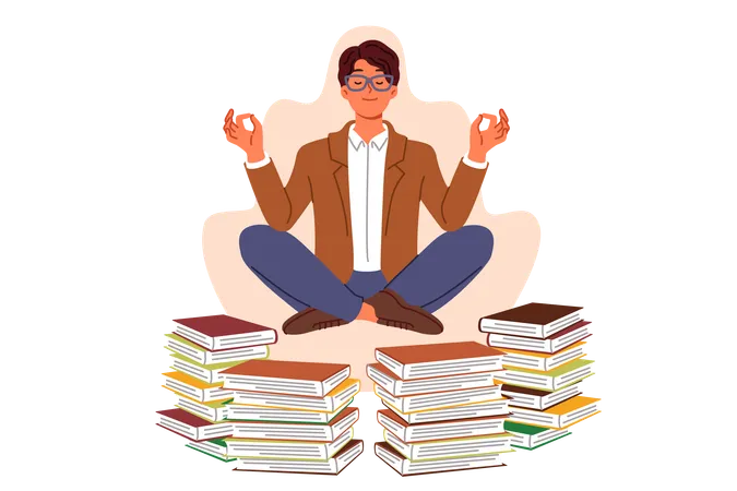 Homem faz ioga e meditação fazendo uma pausa na leitura de livros levitando em posição de lótus  Ilustração