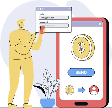 Homem faz login em sua conta para transferência de dinheiro  Ilustração