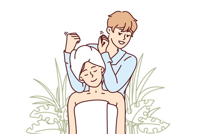 Homem faz massagem na cabeça de mulher  Ilustração