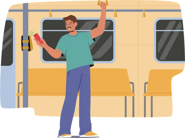 Homem faz pagamento sem contato usando o telefone enquanto está em um trem do metrô  Ilustração