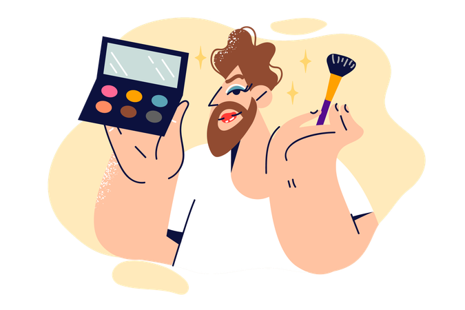 Homem faz maquiagem e segura pincel com pó multicolorido e espelho  Ilustração
