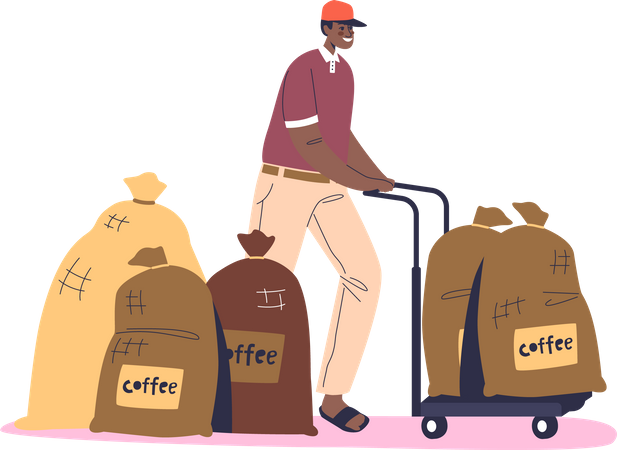 Homem trabalhador de produção de fazenda de café carregando sacos de lona com grãos de café para entrega  Ilustração
