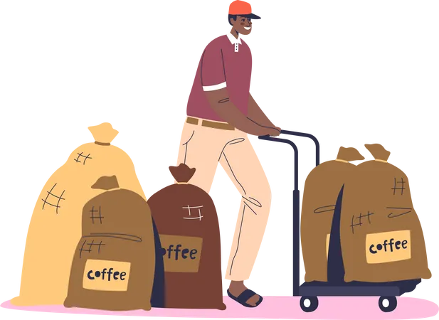 Homem trabalhador de produção de fazenda de café carregando sacos de lona com grãos de café para entrega  Ilustração
