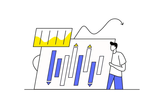 Homem fazendo análise do mercado de ações  Ilustração