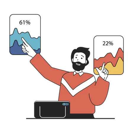 Homem fazendo análise técnica no gráfico de ações  Ilustração