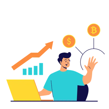 Homem fazendo análise de dados financeiros blockchain  Ilustração