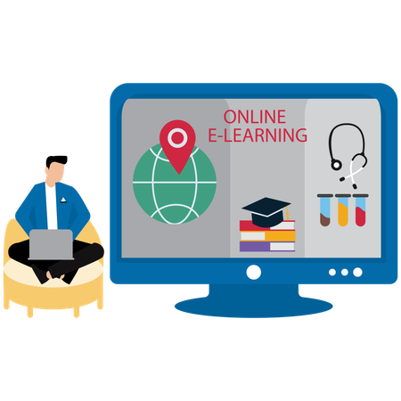Homem usando tecnologia de aprendizagem online  Ilustração