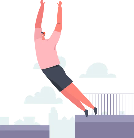 Homem fazendo atividade de parkour enquanto pula do telhado  Ilustração