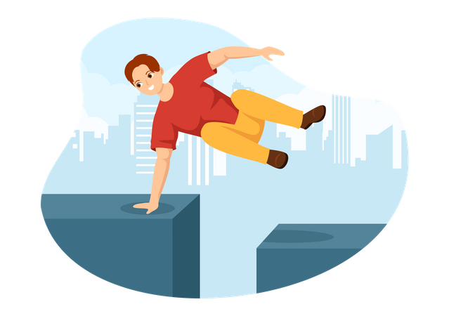 Homem fazendo atividade de parkour enquanto pula do telhado  Ilustração