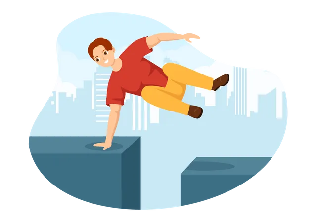 Homem fazendo atividade de parkour enquanto pula do telhado  Ilustração